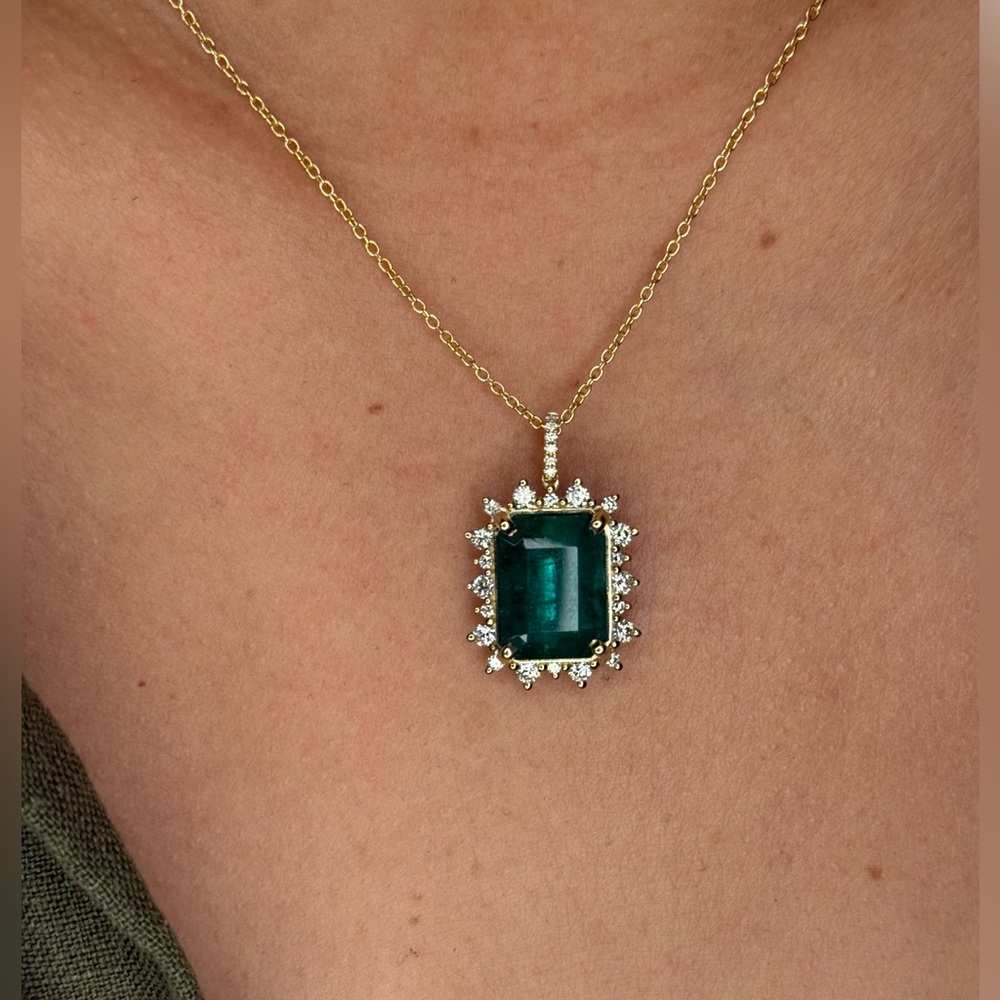 10.17 Ct Natural Zambian Emerald Diamond Pendant • 14K Gold • IGI Certified